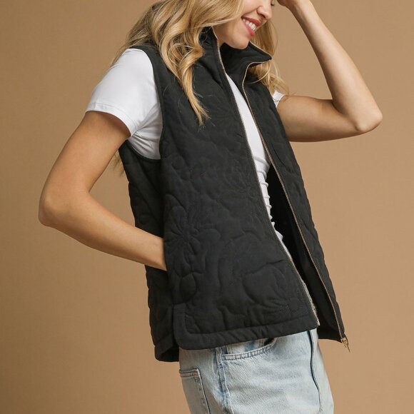 Umgee Quilted Floral Zip Up Vest with Pockets - Picture 2 of 5